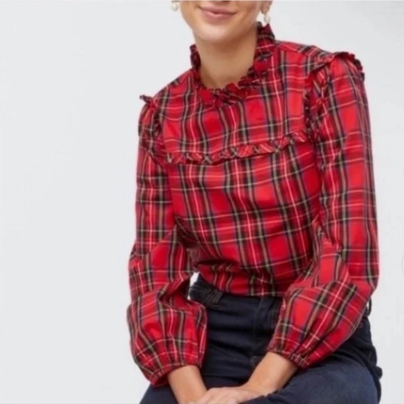 J. Crew Tops - J. Crew | Women's Red Tartan Plaid Ruffle Neck Blouson Sleeve Top